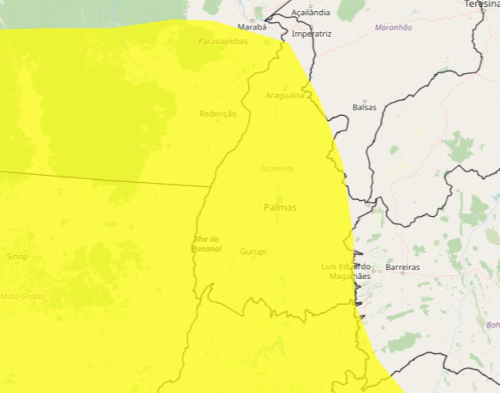 Semana começa com alerta de chuva amarelo que cobre quase todo o Tocantins